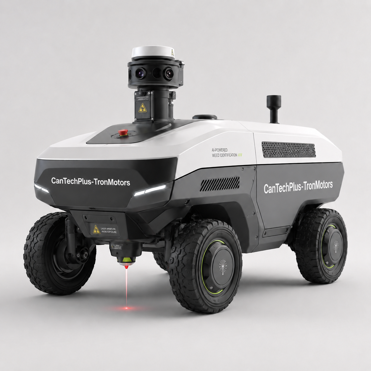 CanTechPlus autonomous agricultural robot with multi-camera sensor tower and precision laser module