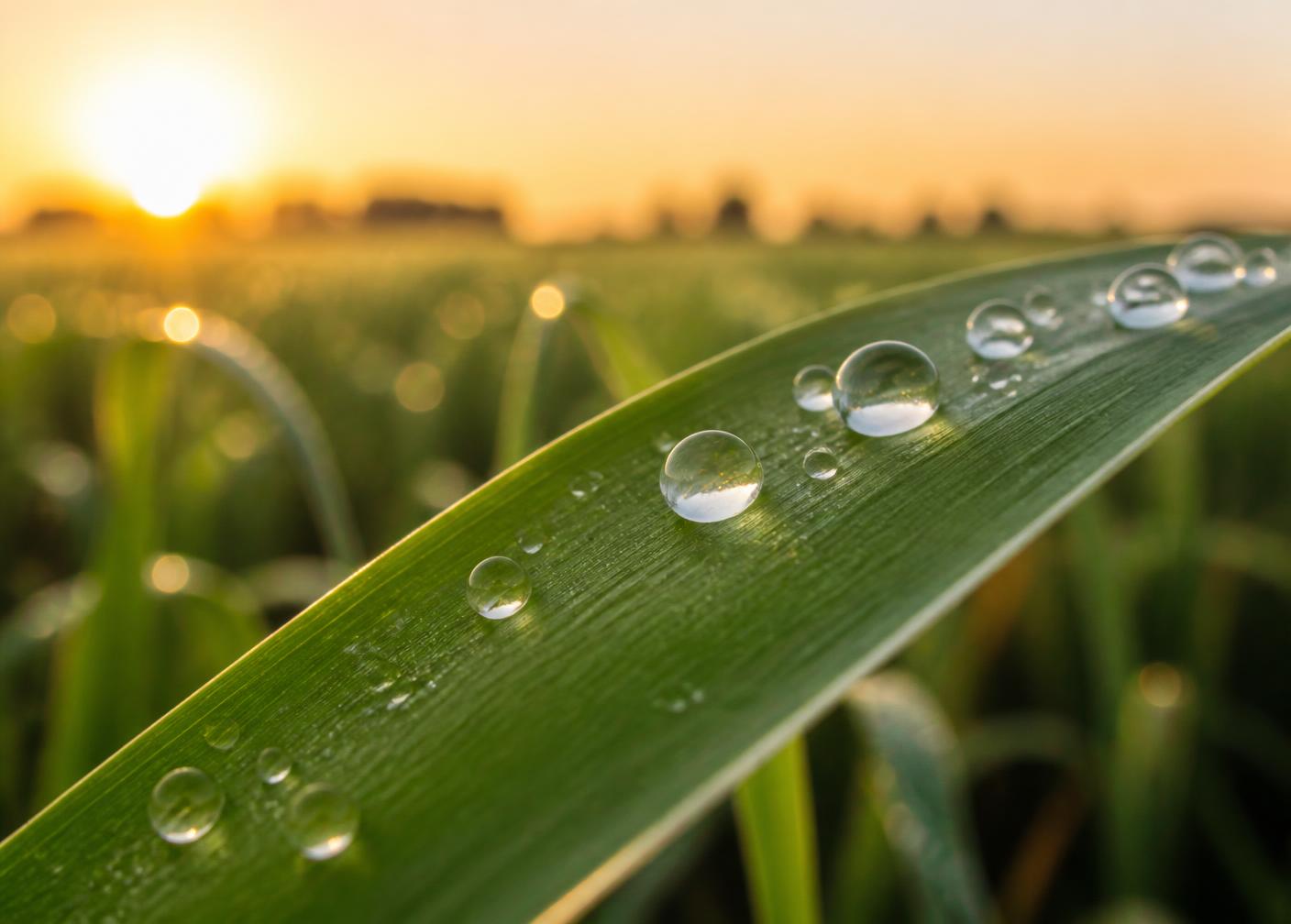 Water droplets resting on a green crop leaf at sunrise